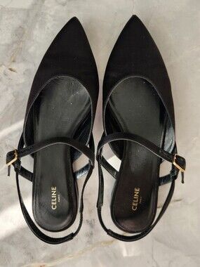 Celine Pointed-Toe Black Slingback Flats